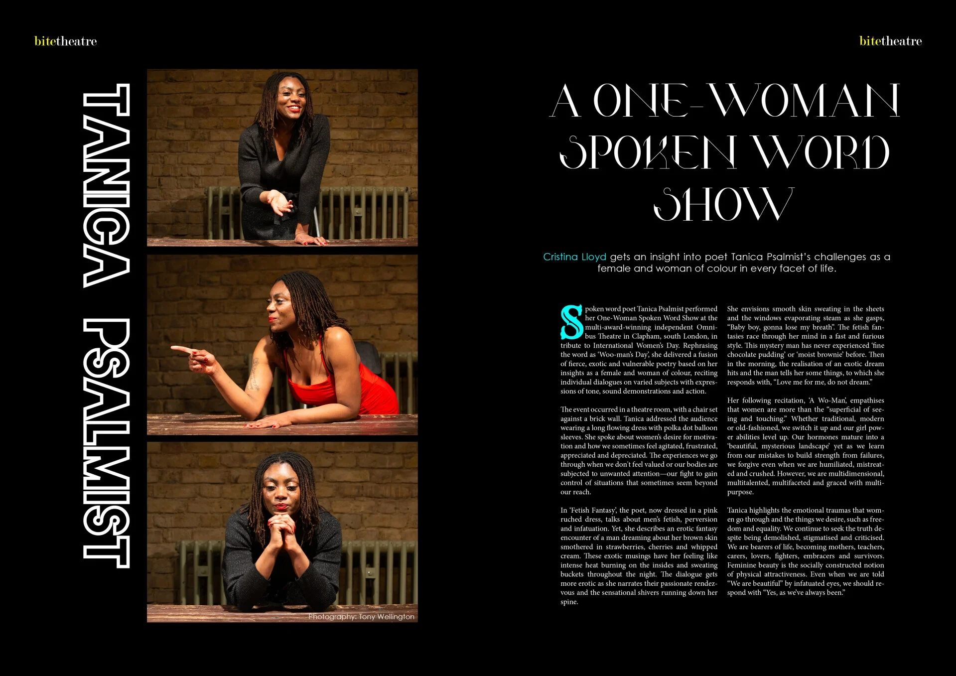 Tanica performing spoken word in a theatre, photographed by Tony Wellington